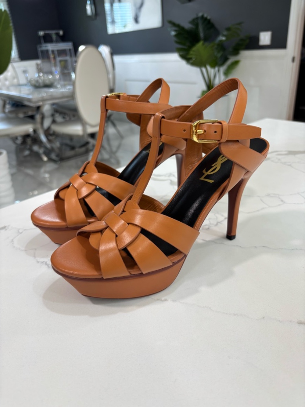 YSL Yves Saint Laurent Brown Leather Tribute Platform Sandals Stiletto Heel - Picture 4 of 10